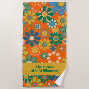Retro Groovy Flowers 60s 70s Floral Pattern Bride Beach Towel