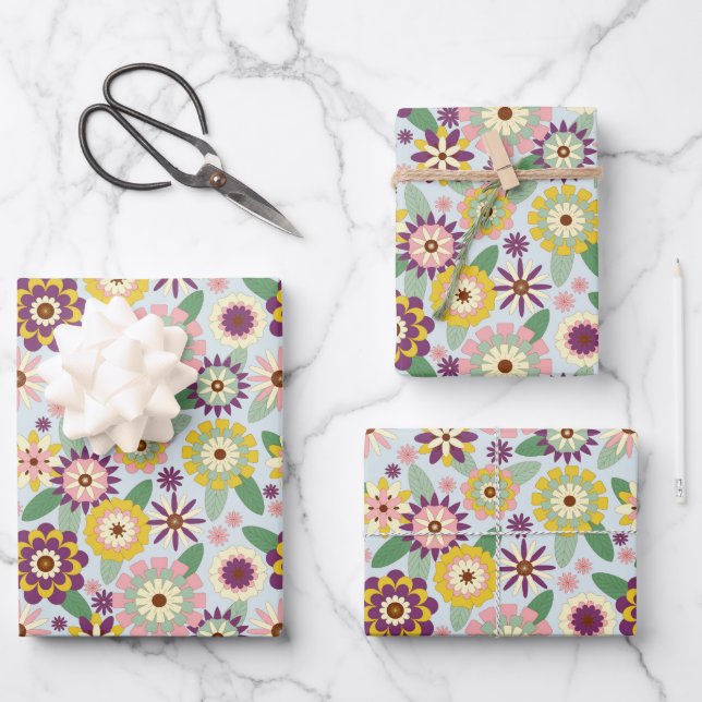 Retro Groovy Flowers Wrapping Paper Sheet (Front)