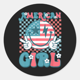 Retro Groovy Fourth 4th Of July Smile American Gir Classic Round Sticker
