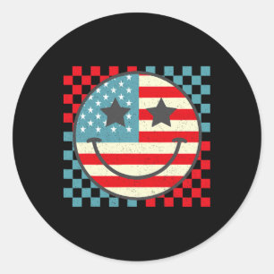 Retro Groovy Fourth 4th Of July Smile Chequered Wo Classic Round Sticker