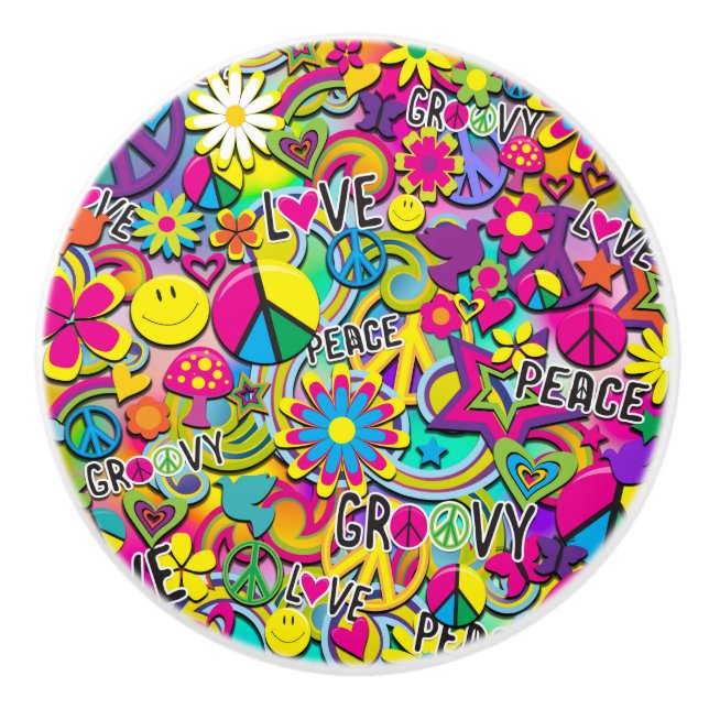 Retro Groovy FUN 60's Sixties Love Colourful Funky Ceramic Knob (Front)