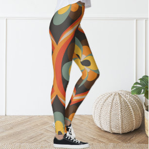 Retro Groovy Geometric Orange Floral Leggings
