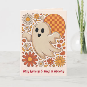 Retro Groovy Ghost Cute Floral Halloween Floral Card
