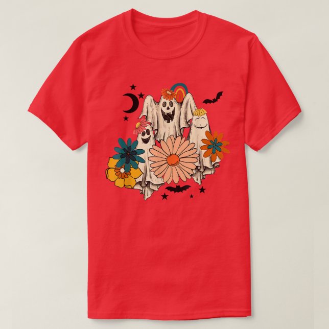 Retro Groovy Ghost Floral Halloween Spooky Season  T-Shirt (Design Front)