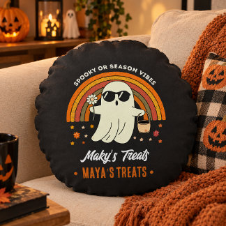 Retro Groovy Ghost Sunglasses Daisy Spooky Name Round Cushion