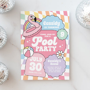 Retro Groovy Girl Checker Pool Party Birthday Invitation
