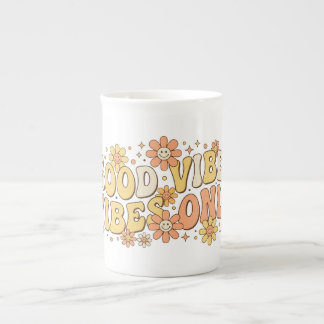 Retro Groovy Good Vibes Only Wavy Typography Art Bone China Mug
