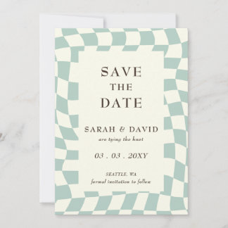 Retro Groovy Green Chequerboard Photo Save The Date