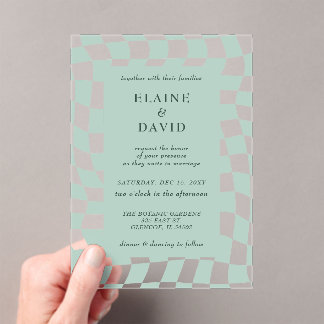 Retro Groovy Green Chequerboard Wedding Acrylic Invitations