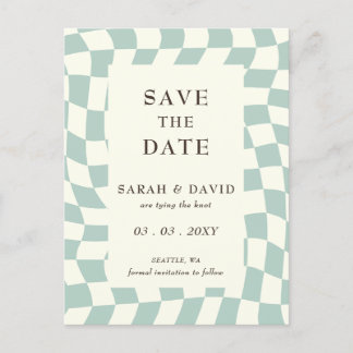 Retro Groovy Green Chequerboard Wedding Announcement Postcard