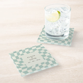 Retro Groovy Green Chequerboard Wedding Glass Coaster