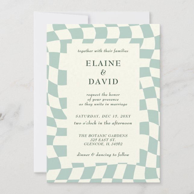 Retro Groovy Green Chequerboard Wedding Invitation (Front)