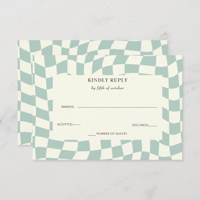 Retro Groovy Green Chequerboard Wedding  RSVP Card (Front/Back)