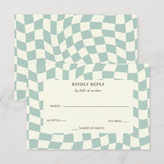 Retro Groovy Green Chequerboard Wedding  RSVP Card