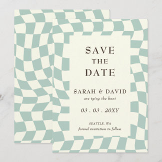 Retro Groovy Green Chequerboard Wedding Save The Date