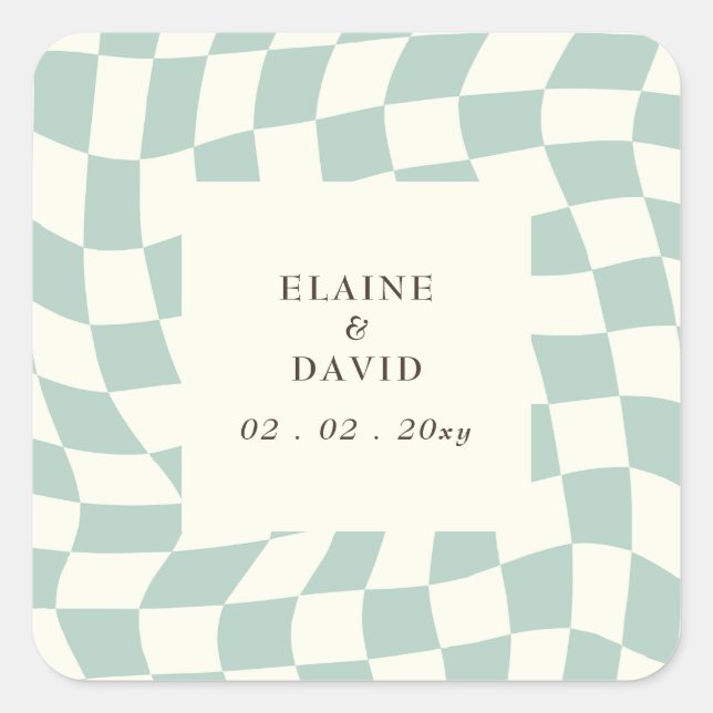 Retro Groovy Green Chequerboard Wedding Square Sticker (Front)
