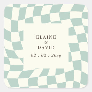 Retro Groovy Green Chequerboard Wedding Square Sticker