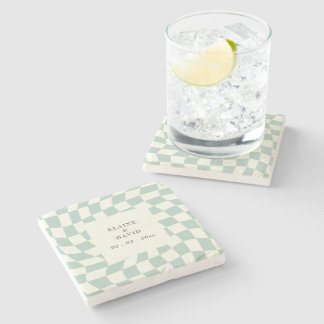 Retro Groovy Green Chequerboard Wedding Stone Coaster