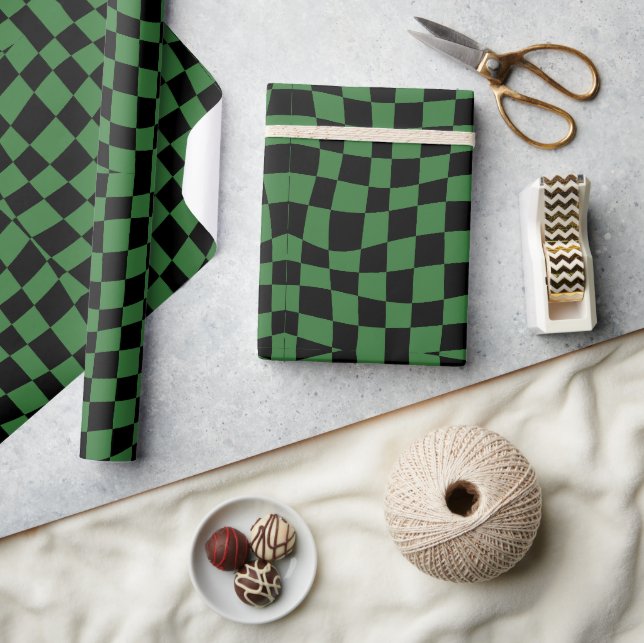 retro groovy green wavy checkered  wrapping paper (Crafts)