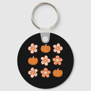 Retro Groovy Halloween Fall Hippie Pumpkin Floral Key Ring