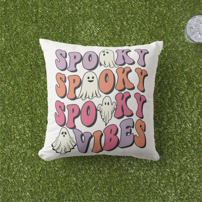Retro Groovy Halloween Spooky Vibes Throw Pillow (Grass)