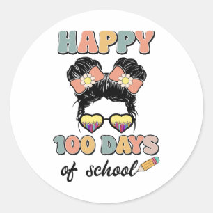 Retro Groovy Happy 100 Days Of School Girls Kids Classic Round Sticker