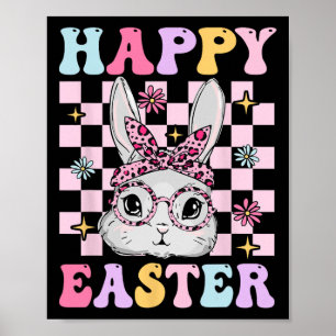 Retro Groovy Happy Easter Bunny Chequered For Wome Poster