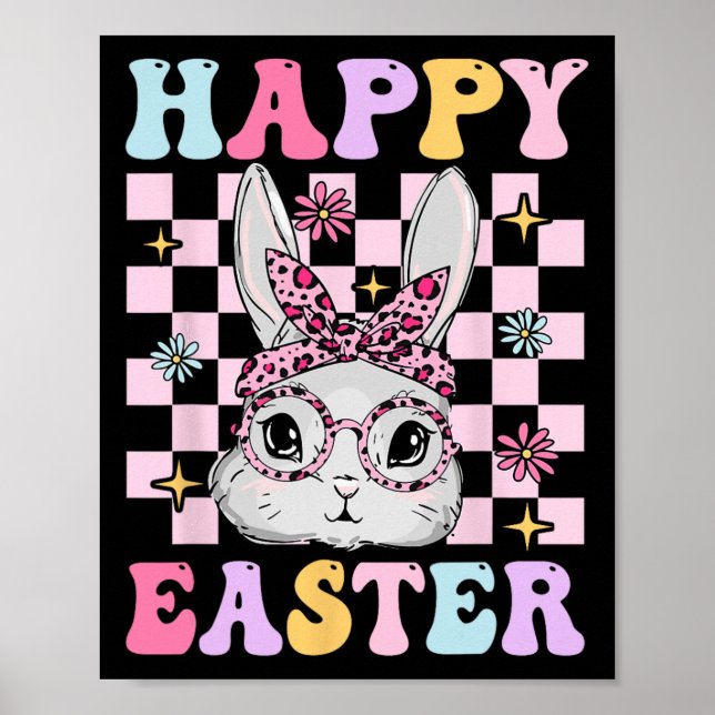Retro Groovy Happy Easter Bunny Chequered For Wome Poster (Front)