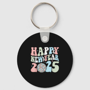 Retro Groovy Happy New Year 2025 Cute New Years Ev Key Ring