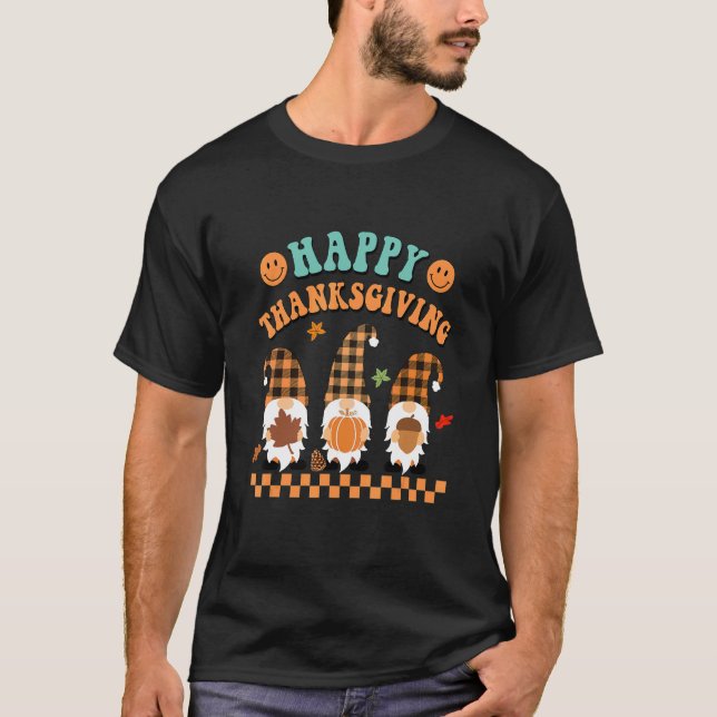 Retro Groovy Happy Thanksgiving Fall Gnomes Pumpki T-Shirt (Front)