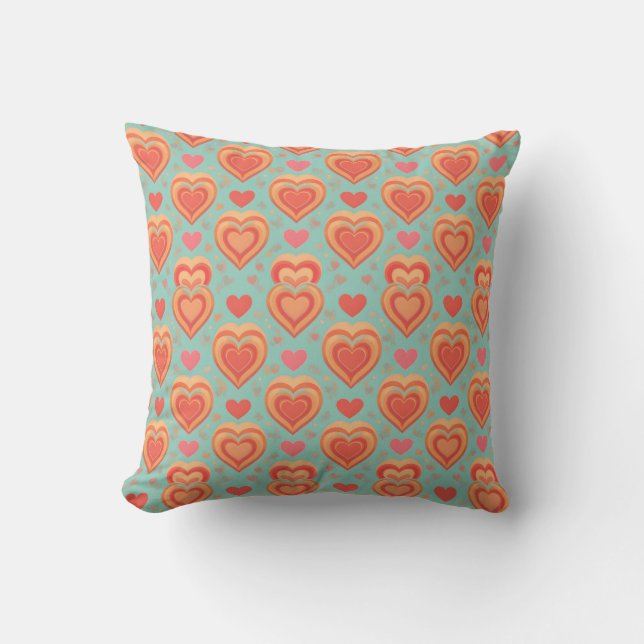  Retro Groovy Hearts 70s Valentine Love Coral Mint Cushion (Front)