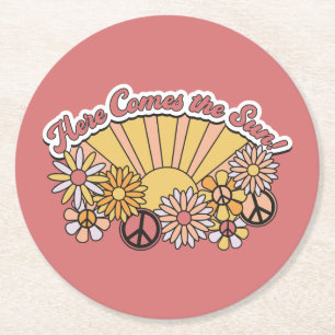 Retro Groovy Here Comes the Sun Vintage Graphic Round Paper Coaster