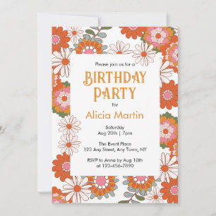 Retro Groovy Hippie Flora & Leaf Colourful Birthda Invitation