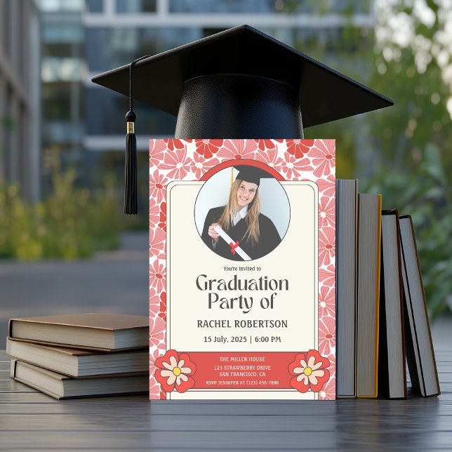 Retro Groovy Hippie Floral Photo Graduation Invitation (Groovy graduation retro invitation)