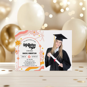 Retro Groovy Hippie Floral Photo Graduation Invitation