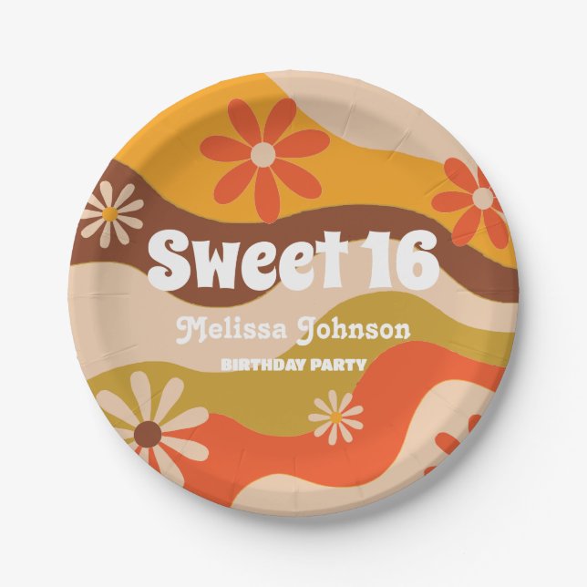 Retro Groovy Hippie Flower Sweet 16 Paper Plate (Front)