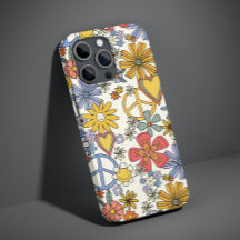 Retro Groovy Hippie Flowers Hearts