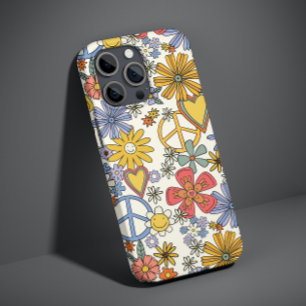Retro Groovy Hippie Flowers Hearts iPhone 14 Case