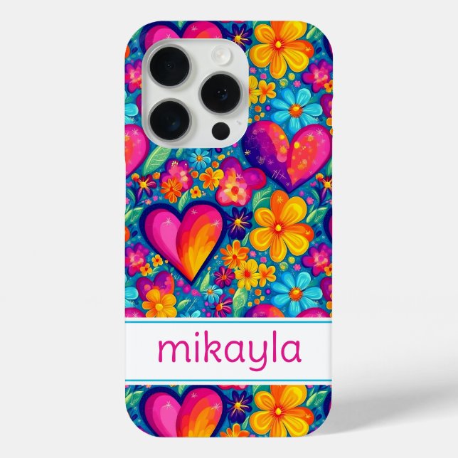 Retro Groovy Hippie Flowers Hearts Personalised Case-Mate iPhone Case (Back)