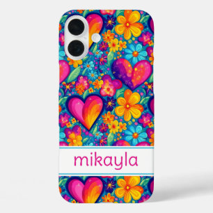 Retro Groovy Hippie Flowers Hearts Personalised iPhone 16 Plus Case