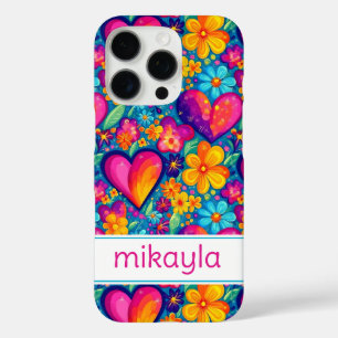 Retro Groovy Hippie Flowers Hearts Personalised iPhone 16 Pro Case
