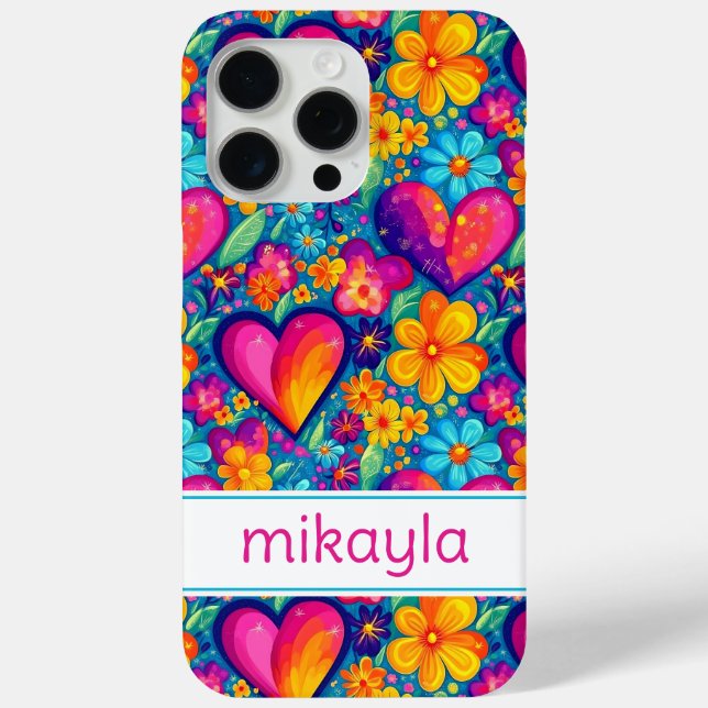 Retro Groovy Hippie Flowers Hearts Personalised Case-Mate iPhone Case (Back)