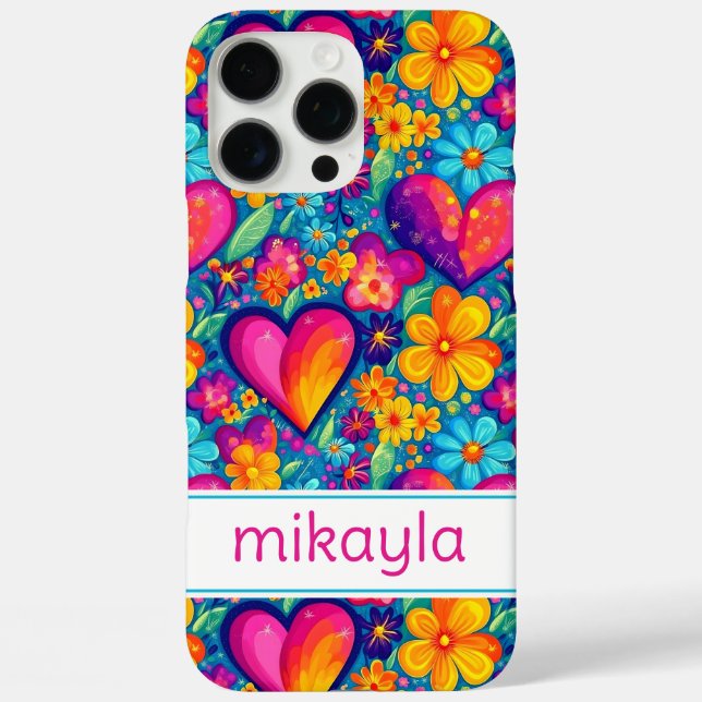 Retro Groovy Hippie Flowers Hearts Personalized Case-Mate iPhone Case (Back)