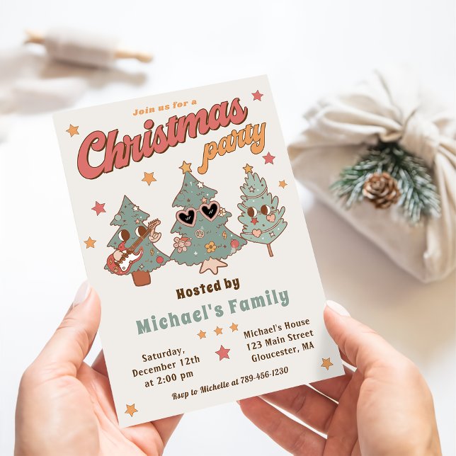 Retro Groovy Hippie Rockin' Christmas Tree Party Invitation (Creator Uploaded)