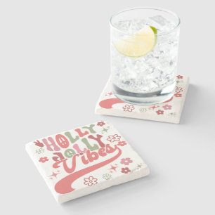 Retro Groovy Holly Jolly Vibes Holiday Photo Stone Coaster