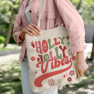 Retro Groovy Holly Jolly Vibes Holiday Photo Tote Bag