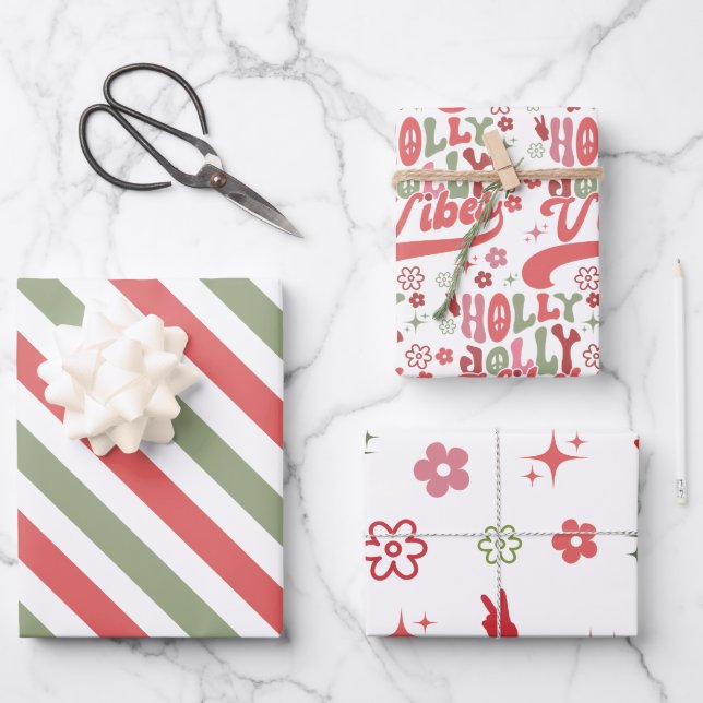 Retro Groovy Holly Jolly Vibes Holiday Wrapping Paper Sheet (Front)