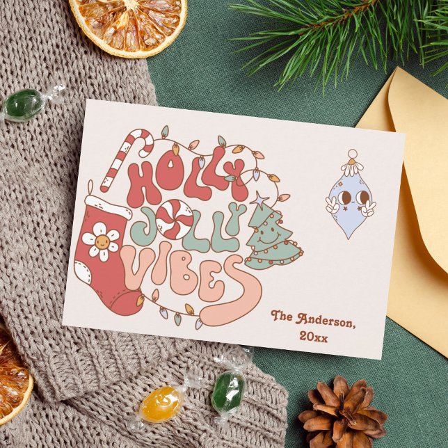 Retro Groovy Holly Vibes Christmas Photo Holiday Card (Creator Uploaded)