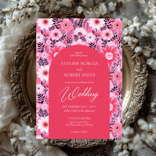 Retro groovy hot pink and white flowers invitation