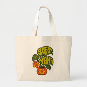 Retro Groovy Houseplant "Soft Mama" Typography Large Tote Bag